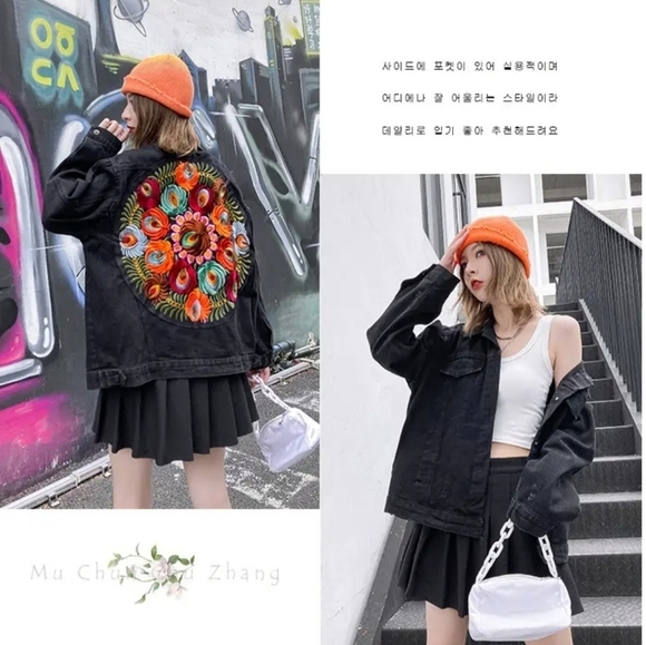 Black Denim Floral Embroidered Oversized Jacket - Picture 14 of 15